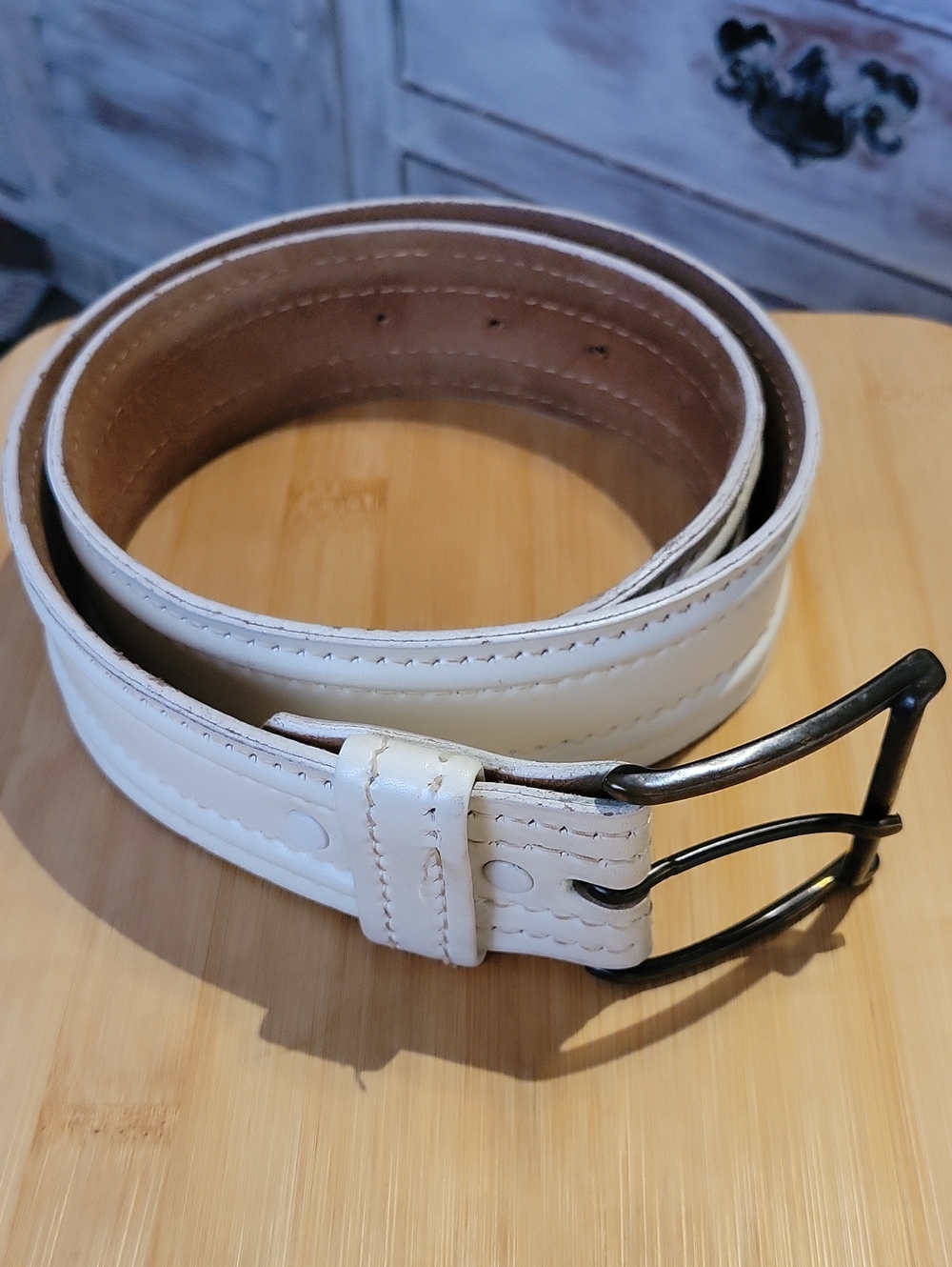OffWhite Leather Belt With Top Stitching And Black Metal Buckle Size 32"